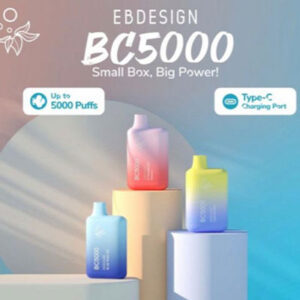 Image of three EB Design BC5000 vaping devices in gradient colors placed on geometric podiums. Text includes "Small Box, Big Power!", "Up to 5000 Puffs", and "Type-C Charging Port.