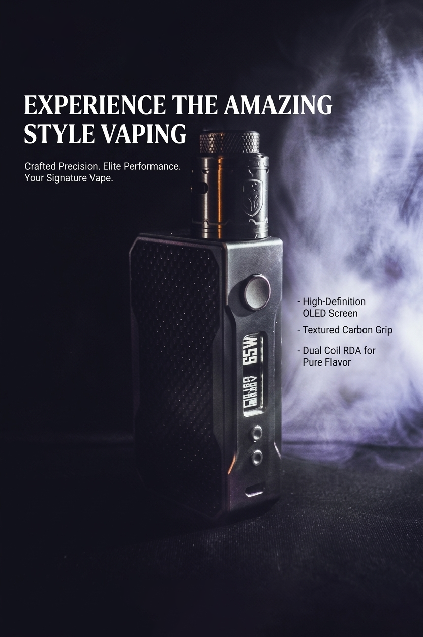Black vape mod with OLED screen and RDA tank surrounded by vapor clouds on dark background